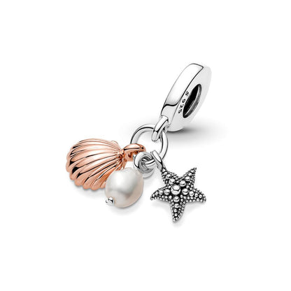 Sterling Silver & Rose Gold-Tone Shell Starfish and Pearl Dangle Charm / Ocean & Beach Themed Charm Pendant for Bracelets