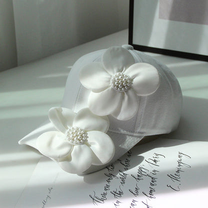 Luxury 3D Pearl Flower Baseball Cap - Elegant Korean Designer Sun Hat for Women