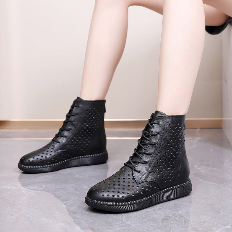 Women's Retro Hollowed Out Martin Boots – Soft Breathable Leather Flat Boots for All-Day Comfort