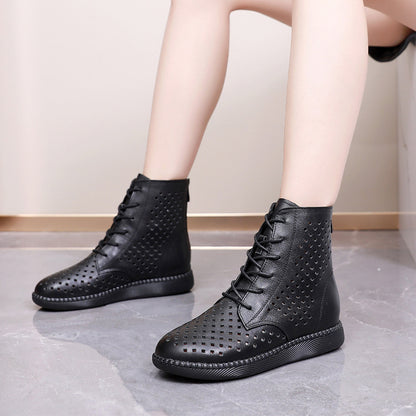 Women's Retro Hollowed Out Martin Boots – Soft Breathable Leather Flat Boots for All-Day Comfort