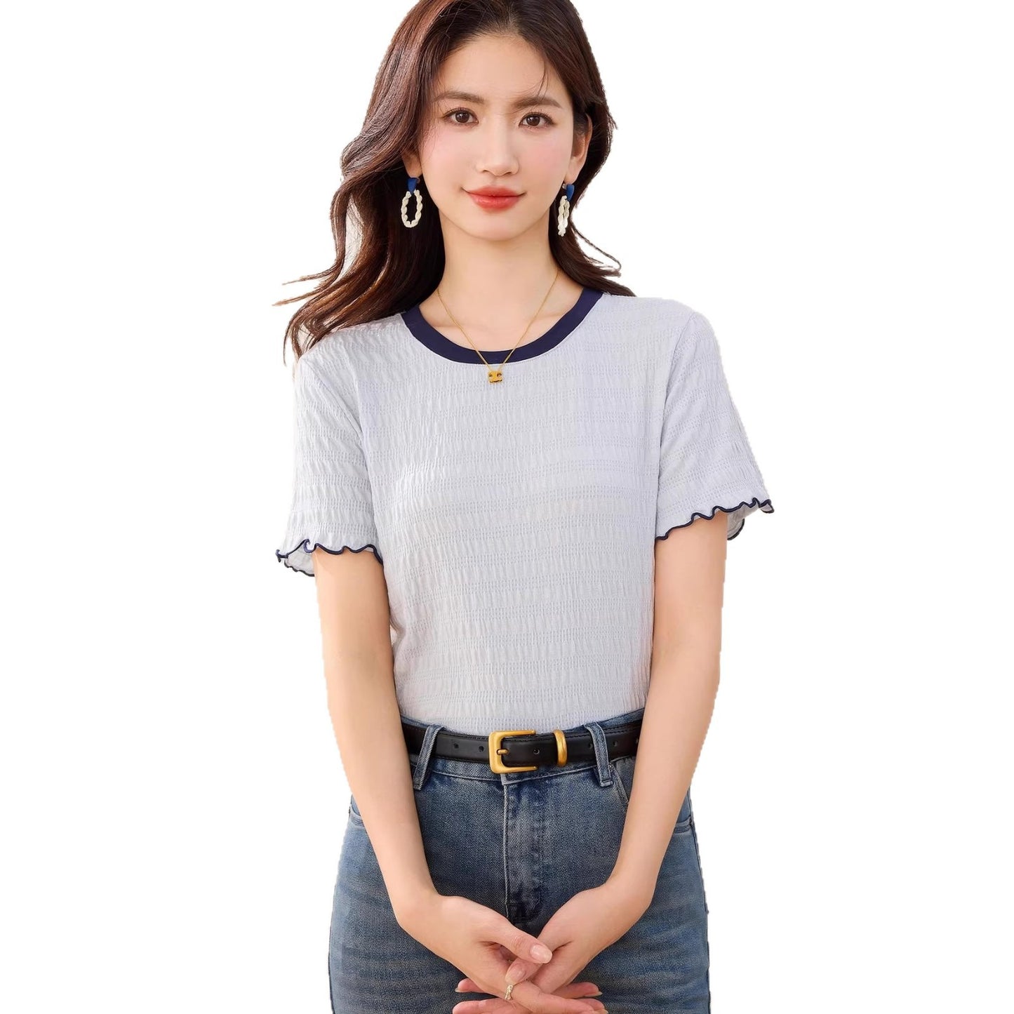 Women's Ruffled Color-Blocked Short Sleeve T-Shirt - Slim Fit Trendy Top