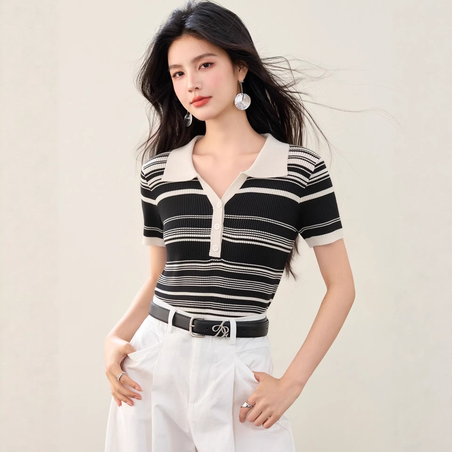 Fashionable Striped Knit Polo Shirt - Slim Fit Casual Summer Top for Women