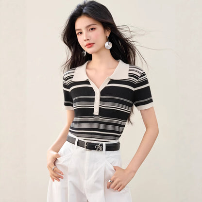 Fashionable Striped Knit Polo Shirt - Slim Fit Casual Summer Top for Women