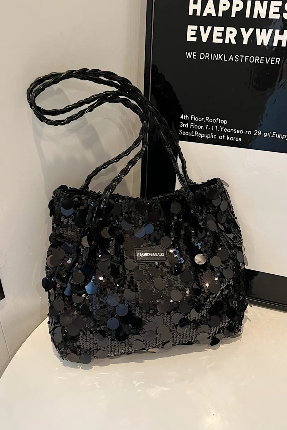 Sparkly Silver Sequin Bag with Braided Shoulder Strap (Hobo Style)