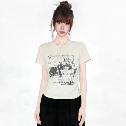Summer Fashion Round Neck Fitted Tee - Retro Graphic Top for Women
