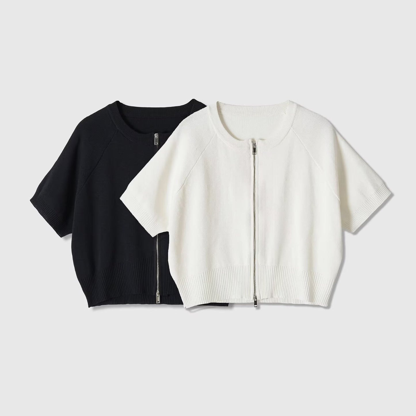 Women's Chic Short Sleeve Knitted Cardigan - Front Zip Casual Crop Top