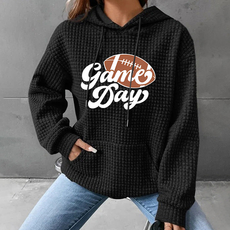 Waffle Knit "Game Day" Football Printed Hoodie | Black Hooded Sweatshirt for Women