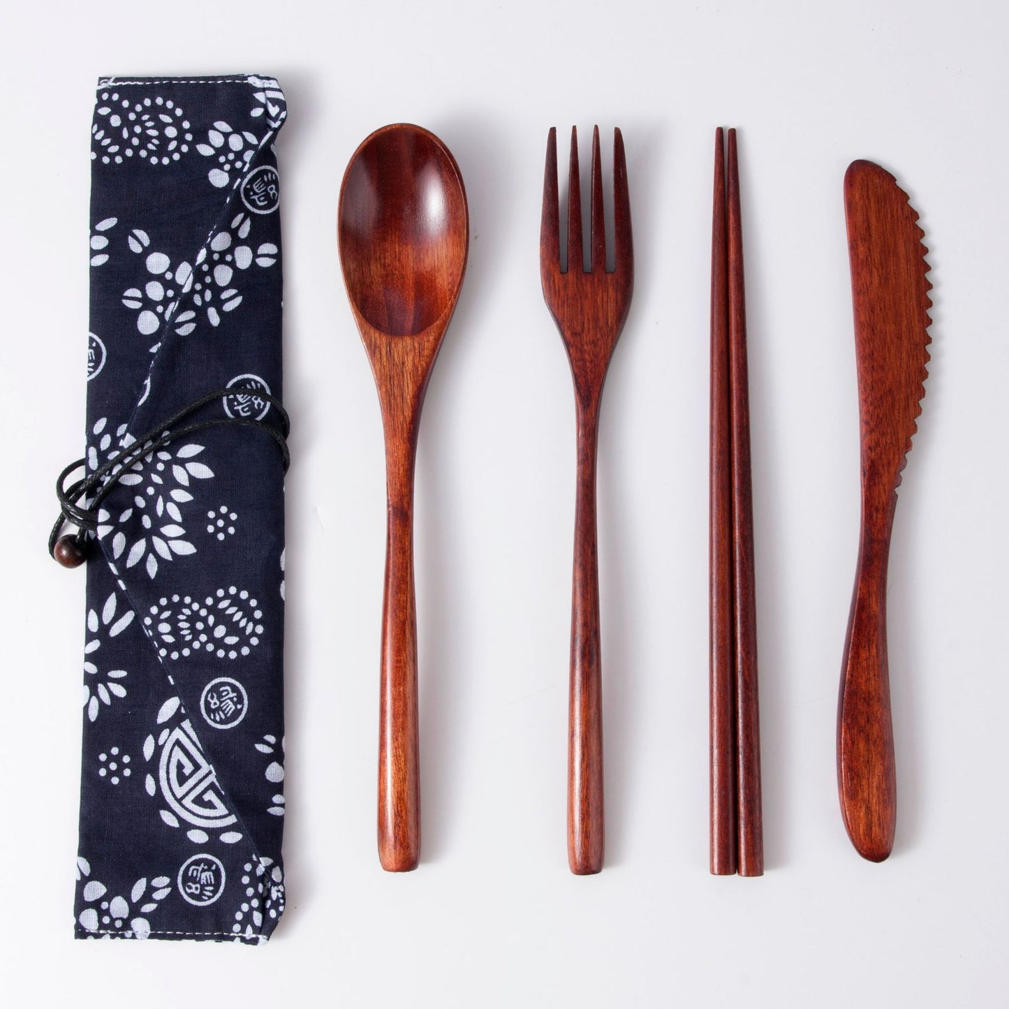 Japanese Style 3-Piece Portable Wooden Cutlery Set with Pouch