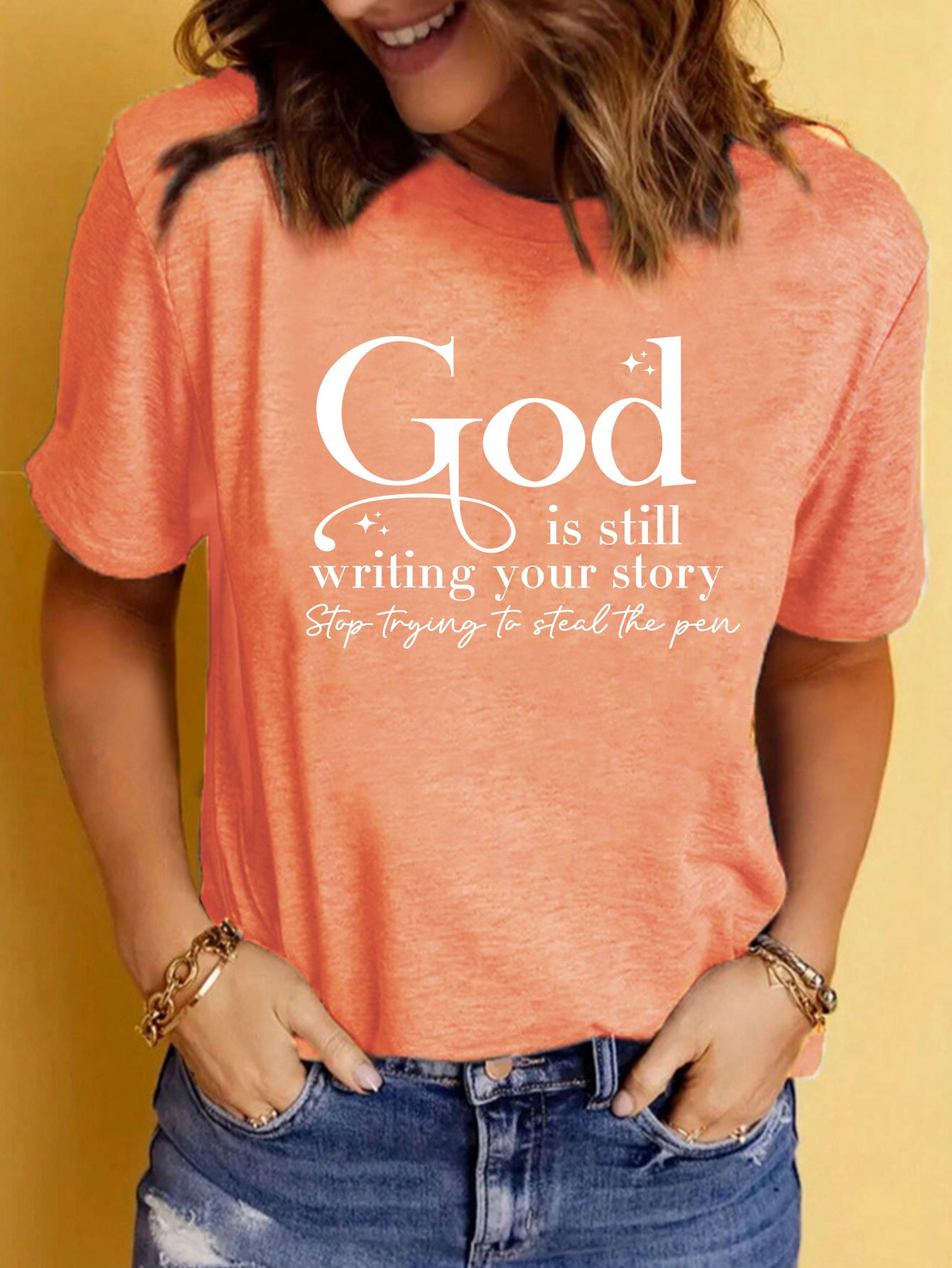 God is Still Writing Your Story' Inspirational Slogan Printed Round Neck T-Shirt