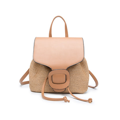 Women's Straw Splicing Leather Backpack - Leisure Beach Shoulder Bag & Rucksack for Teenage Girls
