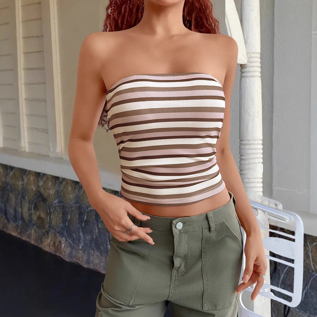 Hooded Striped Strapless Slim Fit Vest | Knit Bandage Crop Tube Top for Women