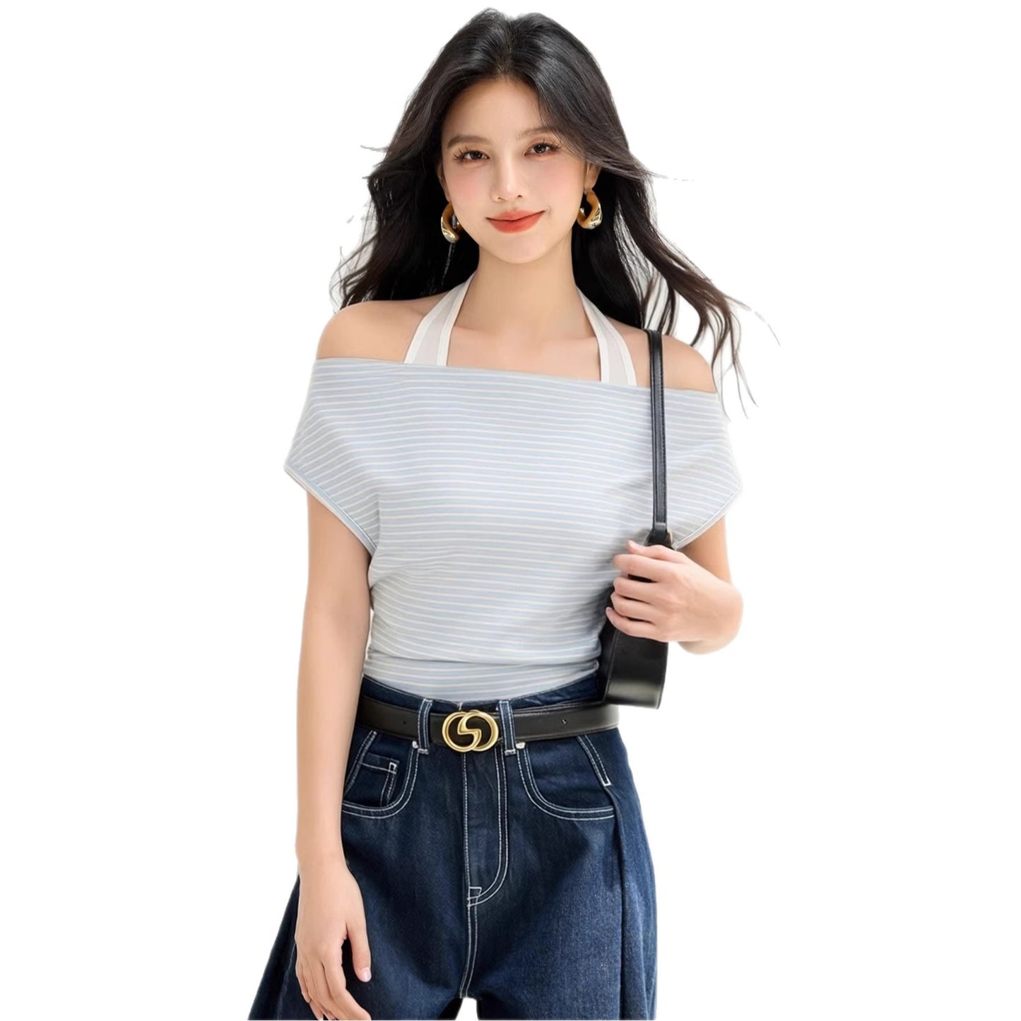 Women's Casual Striped Off-Shoulder Top - Halter Neck Fitted Shirt