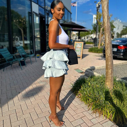 High-Waisted Denim Ruffle Mini Skirt - Fashion Irregular Skirt for Women
