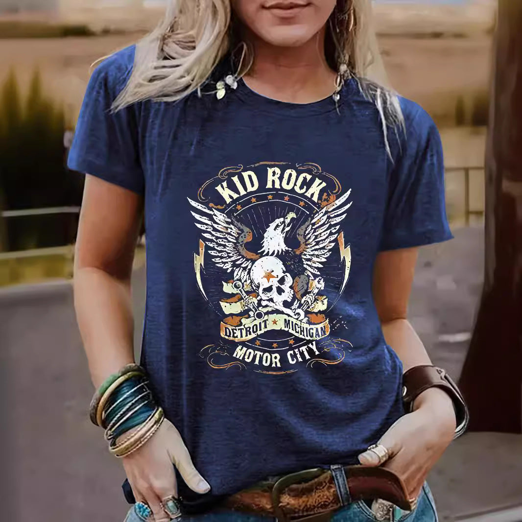 Vintage Eagle Pattern Round Neck Short Sleeved T-Shirt | Graphic Print Top for Men/Women