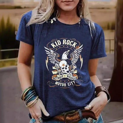 Vintage Eagle Pattern Round Neck Short Sleeved T-Shirt | Graphic Print Top for Men/Women