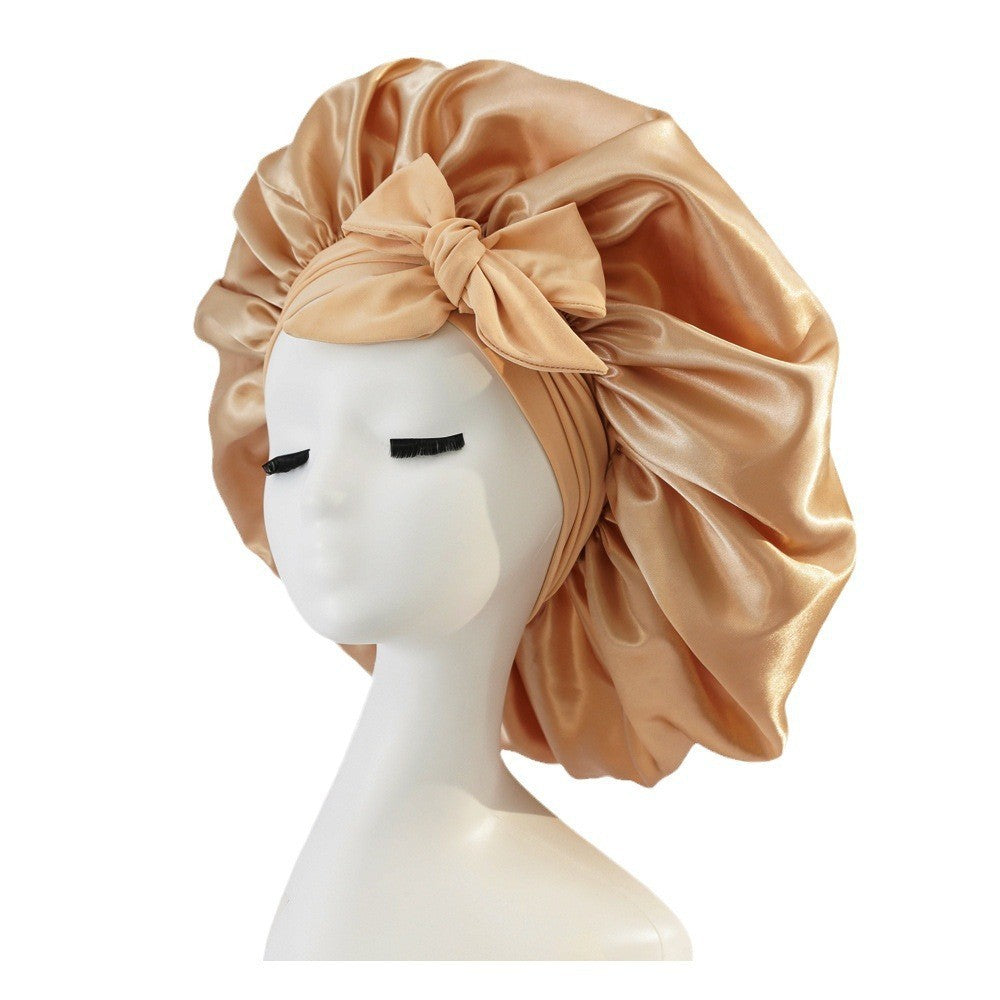Wide-Brimmed Satin Bonnets with Elastic Ribbon Bow | Solid Color Hairdressing Sleep Cap