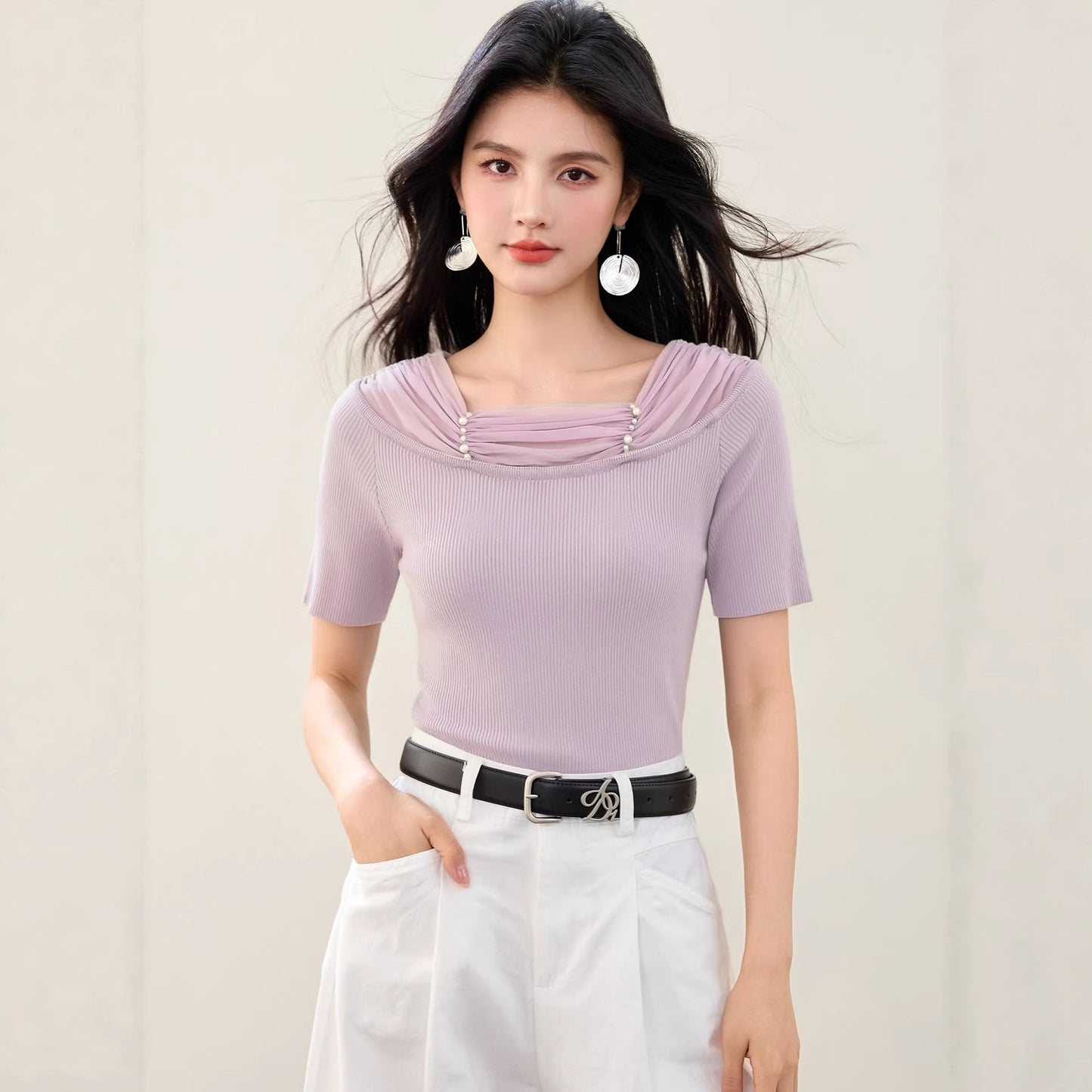 Women's Lace Spliced Off-Shoulder Knit Top - Slim Fit Short Sleeve Blouse