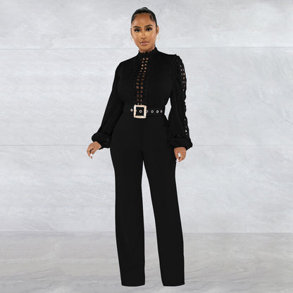 Chic Solid Color Long Sleeve Belted Jumpsuit - Elegant Ruffle Cut-out Party Trousers