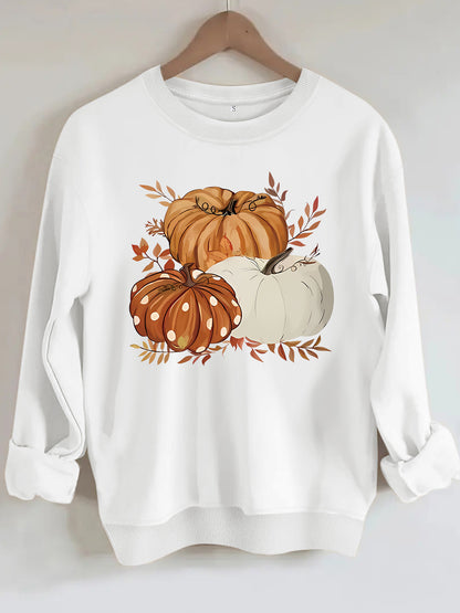 Three Pumpkin Pattern Printed Fall Sweatshirt | Thanksgiving Autumn Graphic Pullover