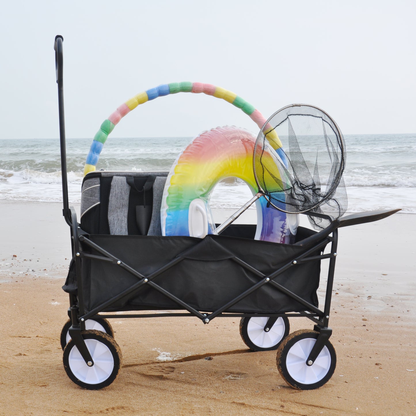 Folding Wagon Garden Shopping Beach Cart – Heavy Duty Black Utility Cart