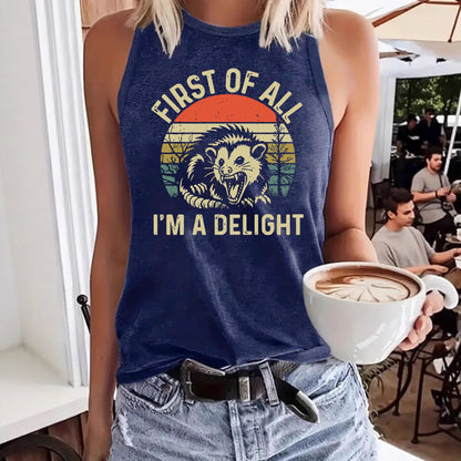 First of All, I'm a Delight' Lion Print Loose Vest | Funny Slogan Graphic Tank Top