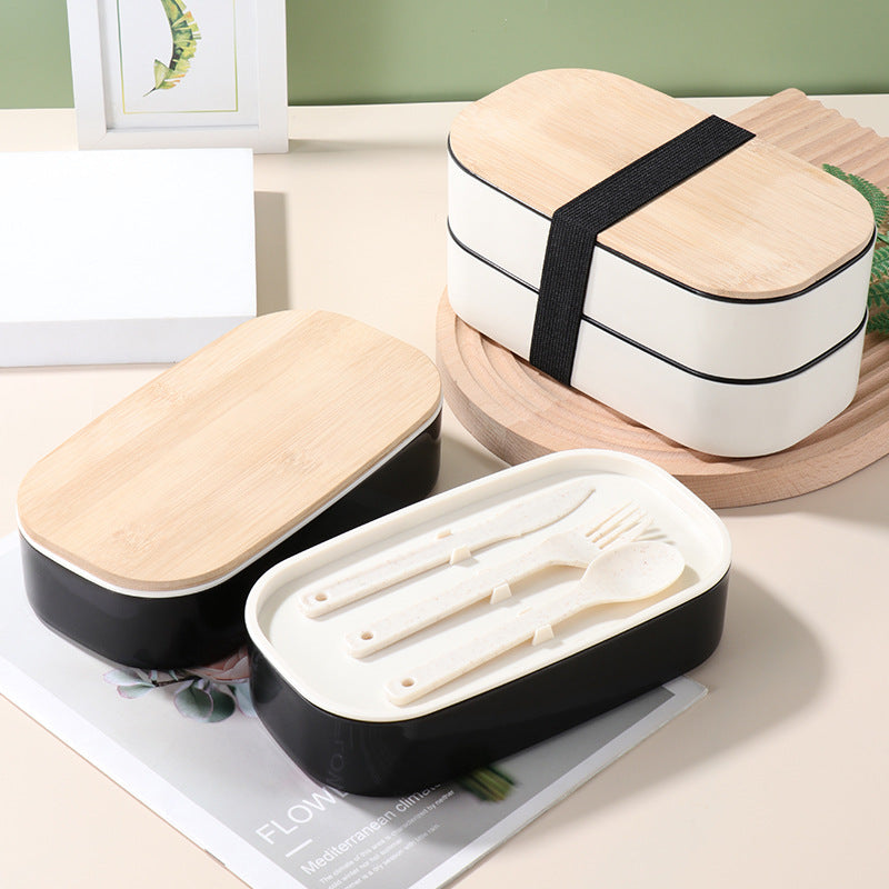 Japanese Style Double-Layer Bento Lunch Box with Natural Bamboo Lid & Portable Cutlery Set (Leak-Proof & Eco-Friendly)