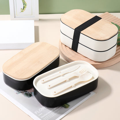 Japanese Style Double-Layer Bento Lunch Box with Natural Bamboo Lid & Portable Cutlery Set (Leak-Proof & Eco-Friendly)