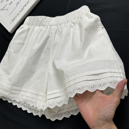 Elegant White Lace Trim Shorts for Women - High Waist Summer Beach Wear