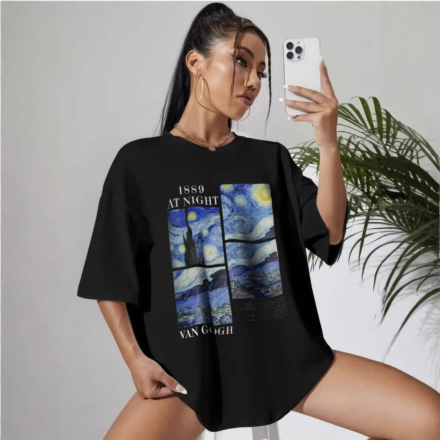 Women's Casual Starry Sky Pattern Graphic Tee - Artistic Black T-Shirt