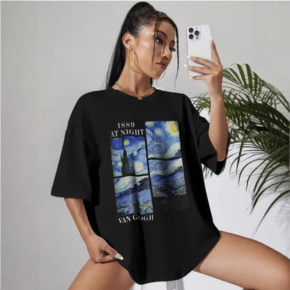 Women's Casual Starry Sky Pattern Graphic Tee - Artistic Black T-Shirt