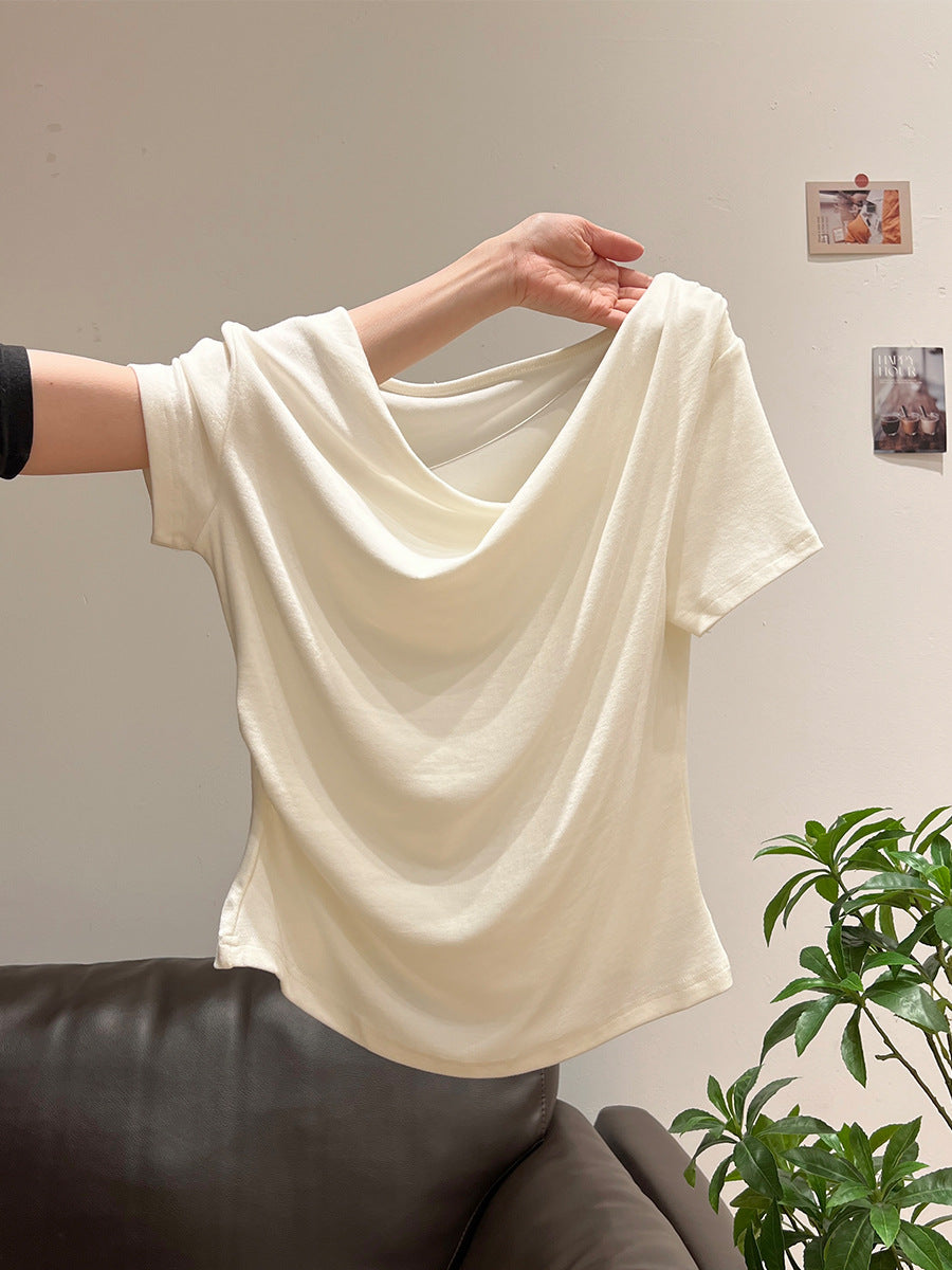 Women's Ruffled Neck Convertible Top - Casual Chic Short Sleeve Tee