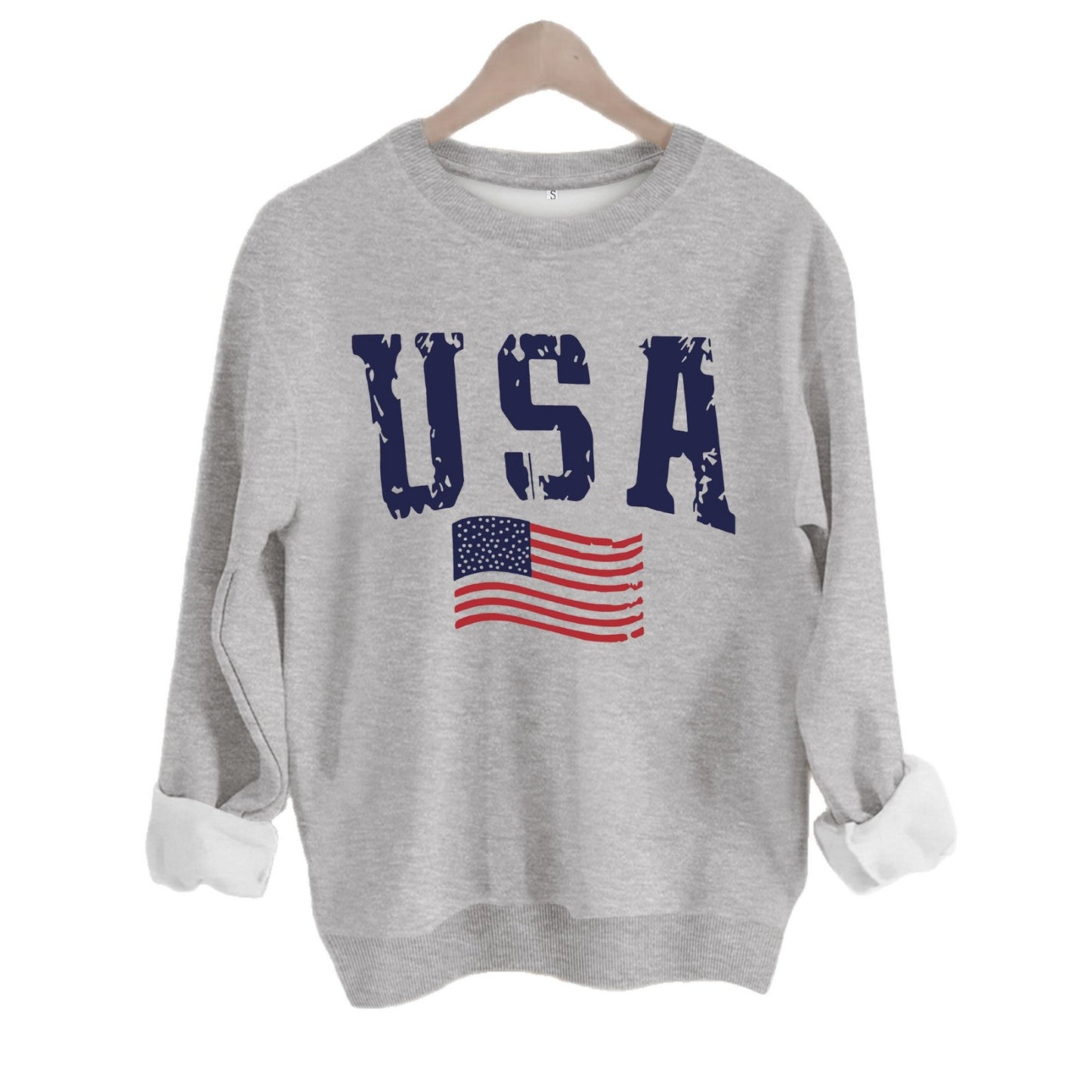 USA Flag Distressed Print Grey Sweatshirt | Unisex Round Neck Sports Pullover