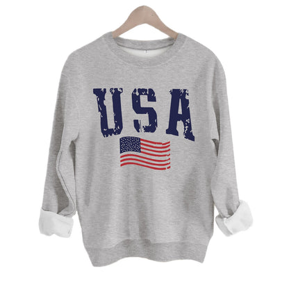 USA Flag Distressed Print Grey Sweatshirt | Unisex Round Neck Sports Pullover