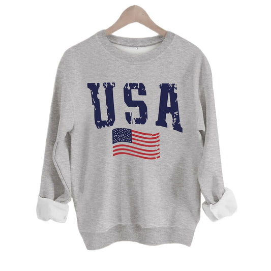 USA Flag Distressed Print Grey Sweatshirt | Unisex Round Neck Sports Pullover