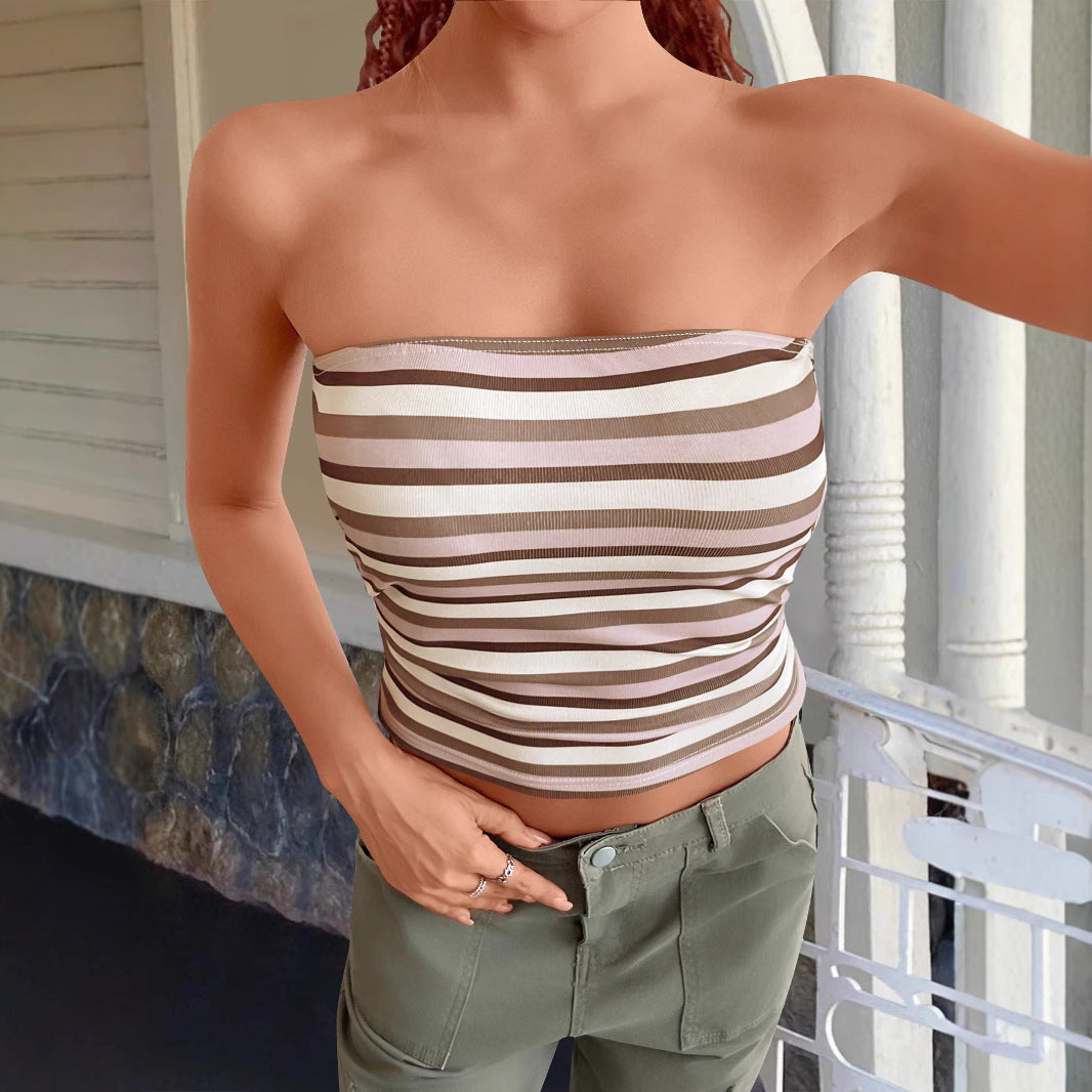 Hooded Striped Strapless Slim Fit Vest | Knit Bandage Crop Tube Top for Women