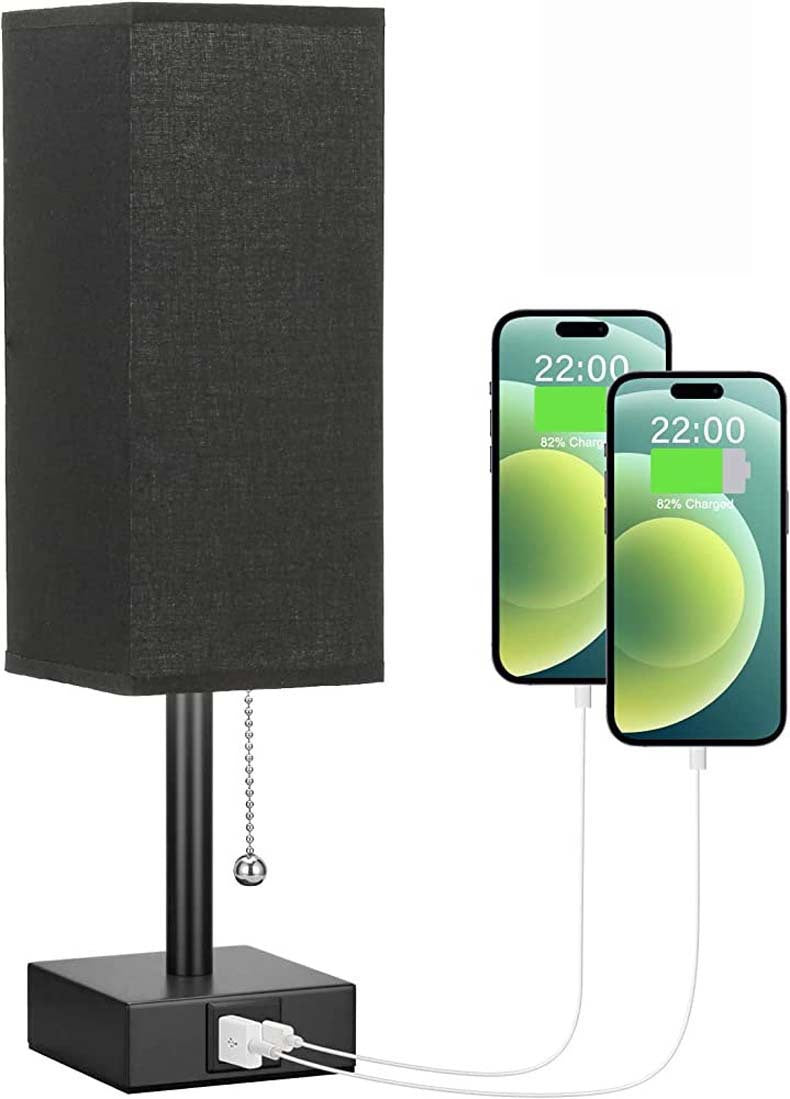 Modern Square Linen Desk Lamp with Dual USB Ports – 3 Color Modes & Pull Chain Switch for Bedroom