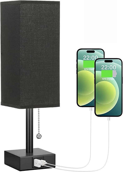 Modern Square Linen Desk Lamp with Dual USB Ports – 3 Color Modes & Pull Chain Switch for Bedroom
