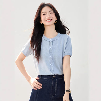 Chic Ice Silk Knit Short Sleeve Top - Lightweight Casual T-Shirt for Women
