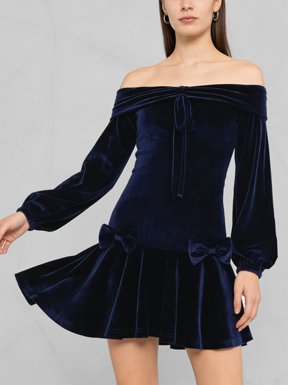Elegant Velvet Off-Shoulder Mini Dress – Glamorous Lantern Sleeve Party Outfit for Women