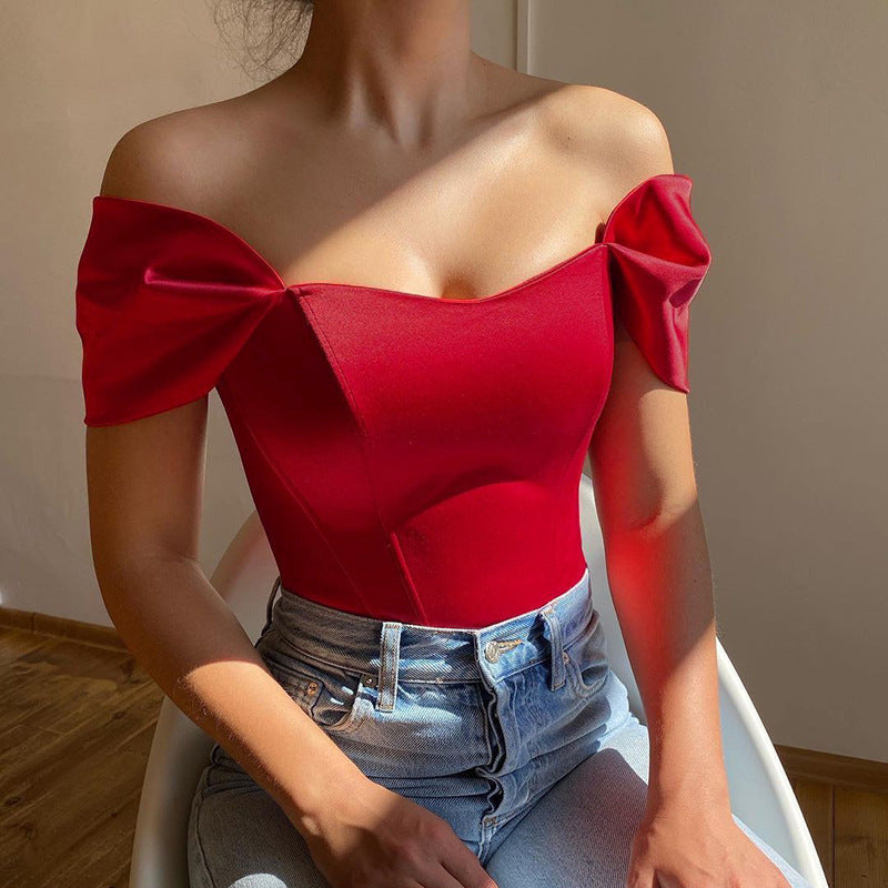 Fishbone Waist Cinched Strapless Satin One Shoulder Top for Women | Corset Style Top