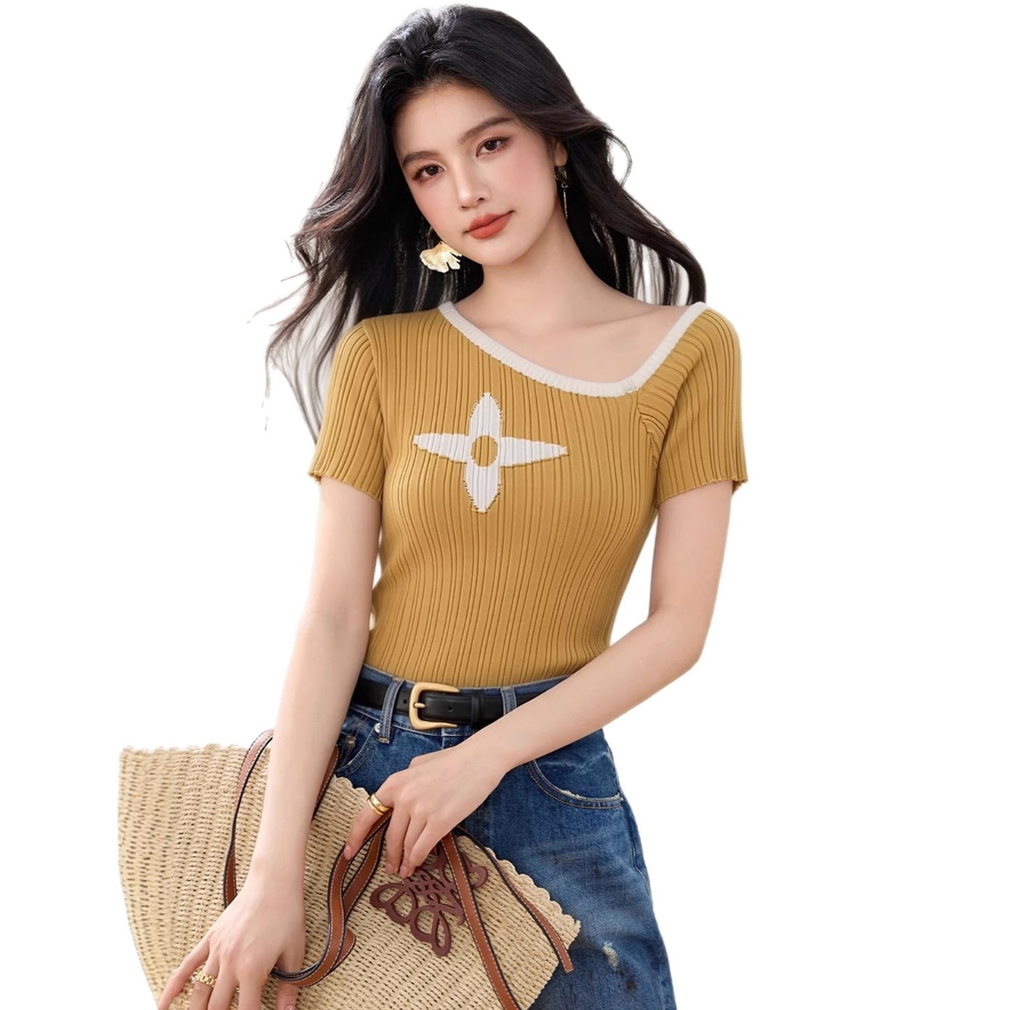 Cute Short Sleeve Asymmetrical Knit Top - Unique Summer Fashion Design Tee for Women