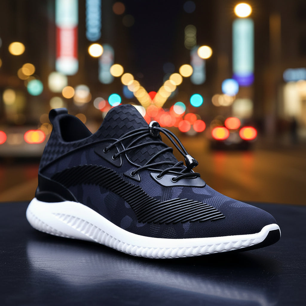 Black athletic shoe with white sole on a blurred background