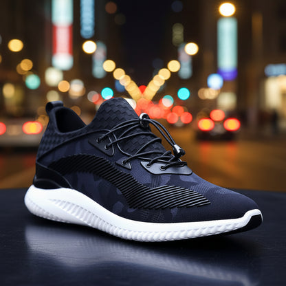 Black athletic shoe with white sole on a blurred background