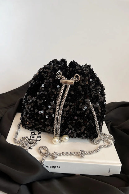 Sparkling Sequin Drawstring Bucket Bag with Chain Strap