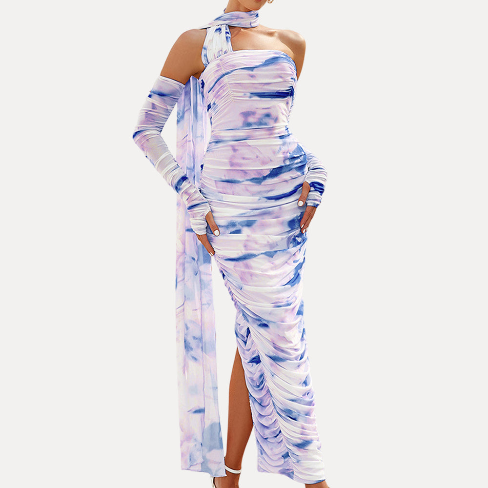 Glamorous Hanging Neck Pleated Maxi Dress with Gloves - High-Fashion Party