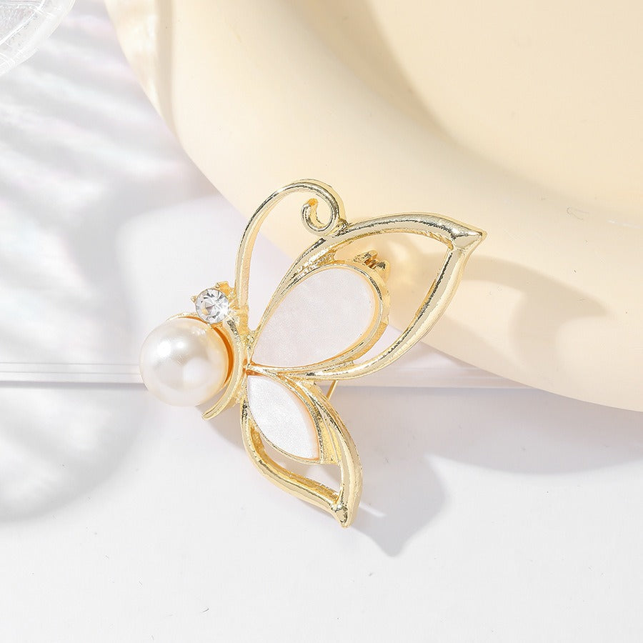 Gold Tone Imitation Mother of Pearl Butterfly Brooch, Suit Jacket Pin / Hollow Design Pearl Butterfly Brooch Jewelry Accessory