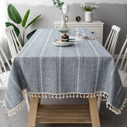 Nordic Jacquard Cotton Linen Tablecloth – Elegant Pink Long Stripe Table Cover with Decorative Tassels