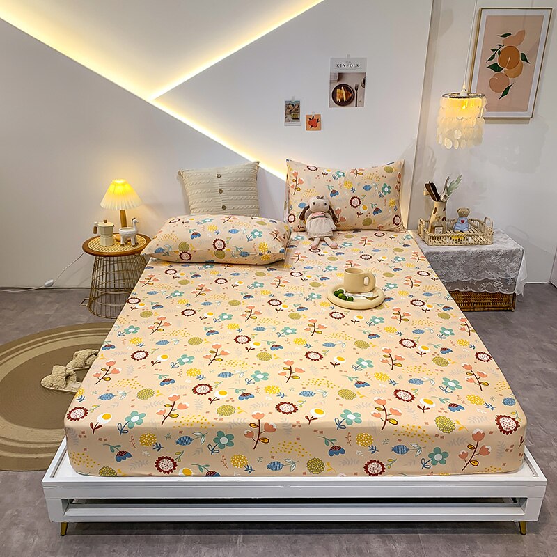 Premium Cotton Elastic Fitted Bed Sheet – Non-Slip Geometric Printed Bed Linen for Queen & King Size Beds