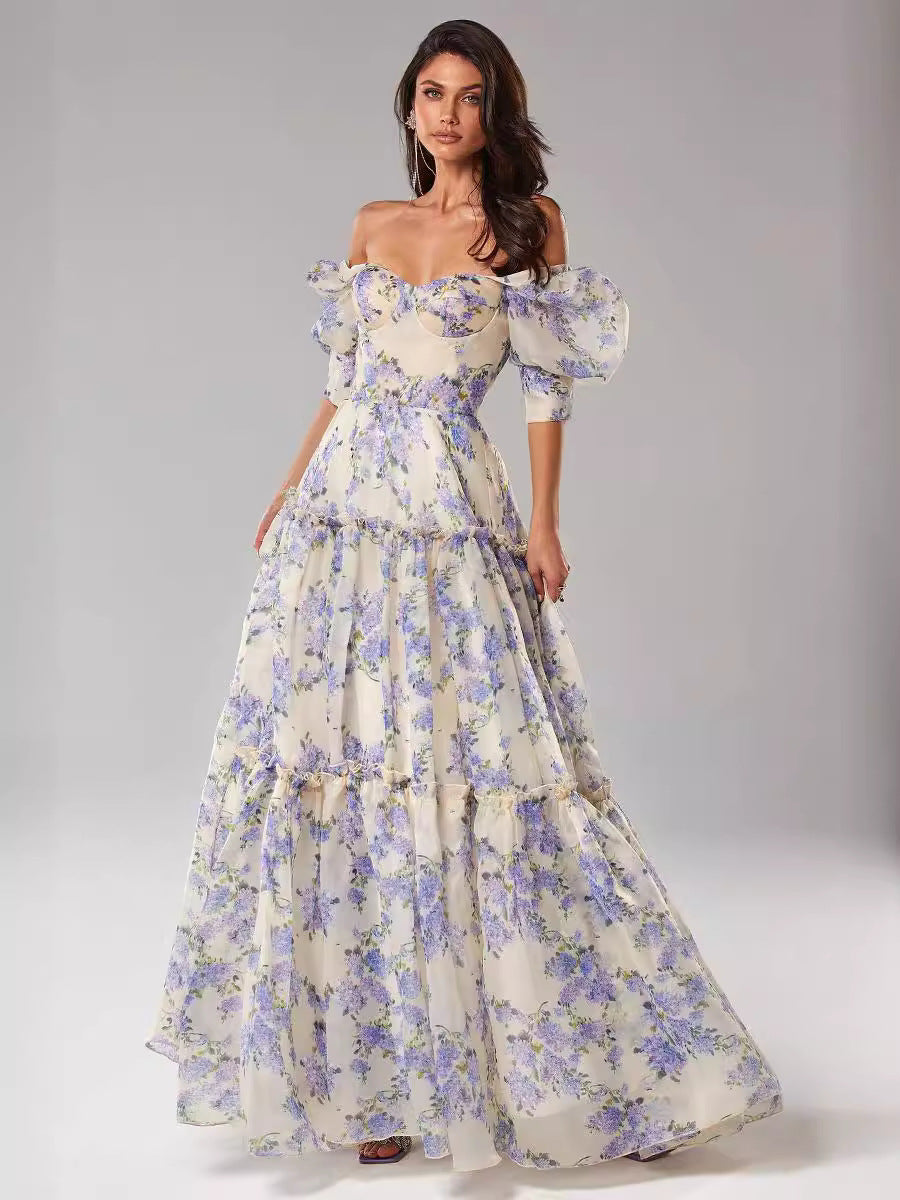 Elegant Off-Shoulder Organza Floral Maxi Dress - Premium Long Evening Gown for Women