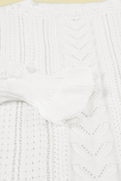 Boho Chic Crochet Knit Sweater - Breezy White Pointelle Pullover